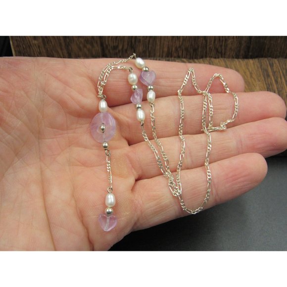 18 Inch Sterling Silver Amethyst Stone Hearts With Pearls Necklace - Picture 2 of 6